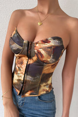 Sexy Color Block Backless Lace Up Boned Corset Blouse
