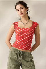 Square Neck Ribbed Printed T-shirt