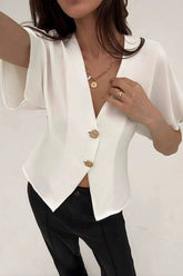 Irregular Button Open Front Short Sleeve Blouse