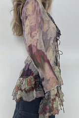 Tie Dye Mesh Ruffle Flare Sleeve Blouse