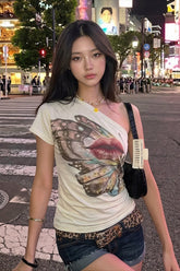 Butterfly Lips Print Off‑Shoulder T‑shirt