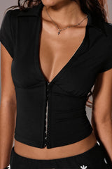 V Neck Button Elastic Slim Crop Blouse