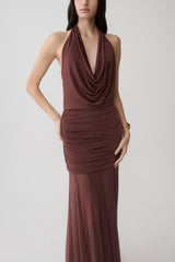 Jorja Draped Halter Slinky Maxi Dress - Chocolate