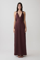 Myla Draped Shoulders Satin Maxi Dress - Chocolate