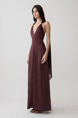 Myla Draped Shoulders Satin Maxi Dress - Chocolate