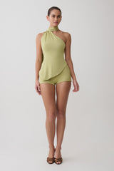 Jemma One Shoulder Tie Top - Apple Sage