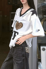 Leopard Print Patchwork Retro Jersey T‑shirt