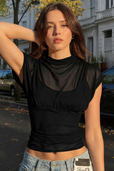 Solid Color Round Neck Mesh Sleeveless Blouse