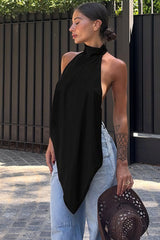 Loose Wavy Irregular Hem Backless Halter Top