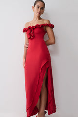 Allegra Off Shoulder Ruffle Midi Dress - Ruby