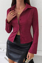 Lapel Buckle Flare Sleeve Long Sleeve Blouse