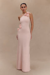 Paloma One Shoulder Knit Maxi Dress With Flowers - Baby Pink