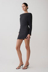 Thao Long Sleeve Gathered Mini Dress - Dark Charcoal