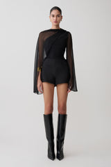 Ida Sheer Asymmetrical Long Sleeve Cape - Black