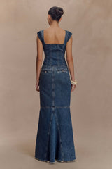 Loretta Cap Sleeve Denim Top - Washed Dark Blue
