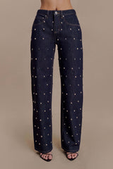 Alima Mid Rise Stud Denim Jeans - Washed Indigo Blue