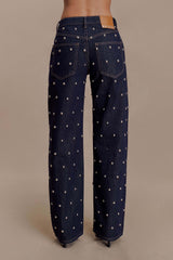 Alima Mid Rise Stud Denim Jeans - Washed Indigo Blue