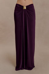 Erina Slinky Ruched Maxi Skirt With Hardware - Aubergine