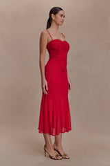 Willa Gathered Mesh Midi Dress - Ruby