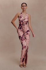Alessandra Slinky Ruffle Maxi Dress - Pink Blurred Floral Print
