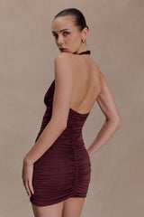 Fleur Ruched Slinky Mini Dress - Mahogany
