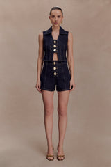 Shona Denim Vest With Decorative Buttons - Washed Indigo Blue
