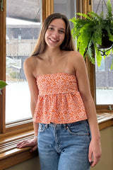 Floral Ruffle Strapless Cropped Blouse