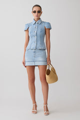 Lakoda Cuffed Denim Mini Skirt - Washed Light Blue