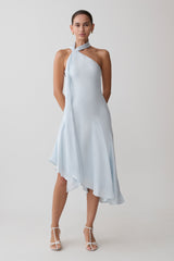 Evelina Halter Asymmetric Hem Midi Dress - Ice Blue