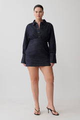 Zarah Denim Long Sleeve Mini Dress - Indigo Pinstripe