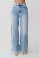 Sebastian Straight Leg Denim Jeans With Fray Hem - Washed Light Blue