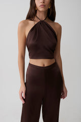 Mariana Halter Silk Blend Sleeveless Top - Dark Chocolate