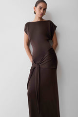 Maiara Shortsleeve Slinky Tie Maxi Dress - Chocolate