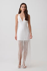 Abigail V Neck Fringe Maxi Dress - White