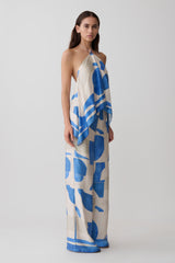 Rachel Satin Straight Leg Pants - Blue Geo Tile Print
