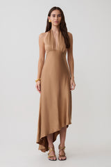 Adelie Asymmetric Hem Halter Midi Dress - Cognac