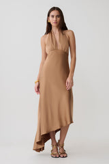 Adelie Asymmetric Hem Halter Midi Dress - Cognac