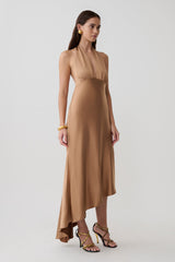 Adelie Asymmetric Hem Halter Midi Dress - Cognac