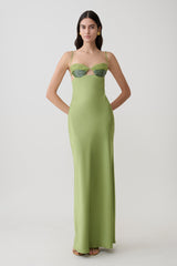 Fiorella Embellished Satin Maxi Dress - Pistachio