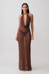 Ethal Mesh Cowl Neck Beaded Maxi Dress - Chocolate