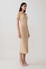 Nichelle Short Sleeve Collared Knit Midi Dress - Natural