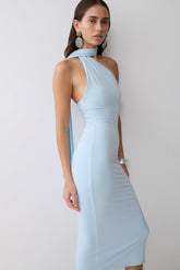 Jemma One Shoulder Tie Midi Dress - Pale Blue