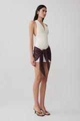 Mollie Mini Dress With Crochet Overlay - White/Chocolate