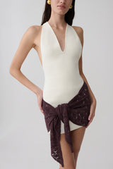 Mollie Mini Dress With Crochet Overlay - White/Chocolate