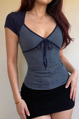 Striped Color Block Tie Fake Two Blouse