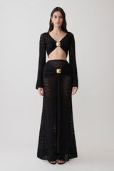 Mania Crochet Long Sleeve Cropped Top - Black