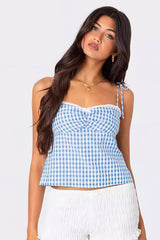 Tie Back Lace Trim Plaid Cami Top