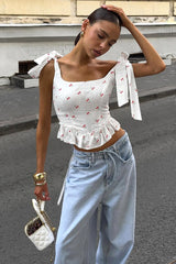 Chic Floral Print Ruffle Tie Cami Top