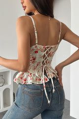 Sexy Floral Lace Up Backless Strapless Ruffle Cami Top