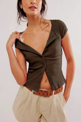 Ribbed Button Short Sleeve Casual Blouse
